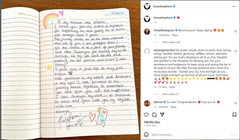 Kiara Advani Writes Heartfelt Note To Fans After 9 Years In Bollywood 2023 2